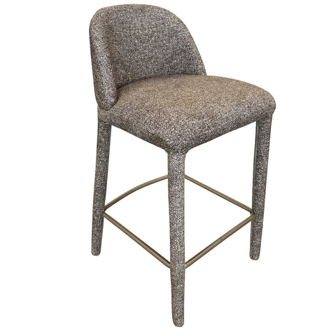 Bar stool with textured gray cushioned seat and backrest on a white background