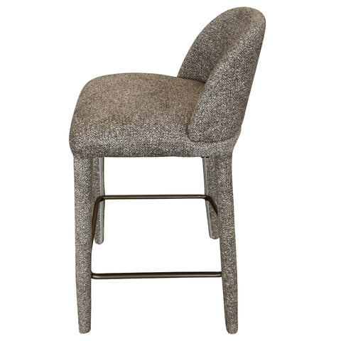 Bar stool with textured gray cushioned seat and backrest on a white background