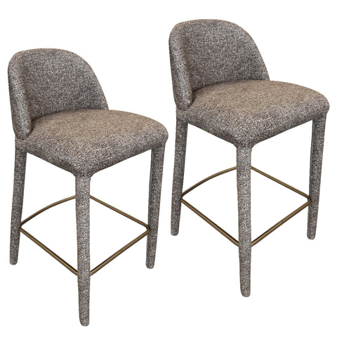 Two gray bar stools with textured seats and metal legs on a white background