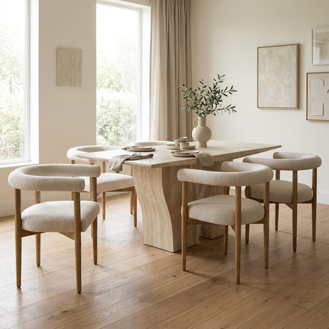 Dining room with wooden table and chairs in a bright room