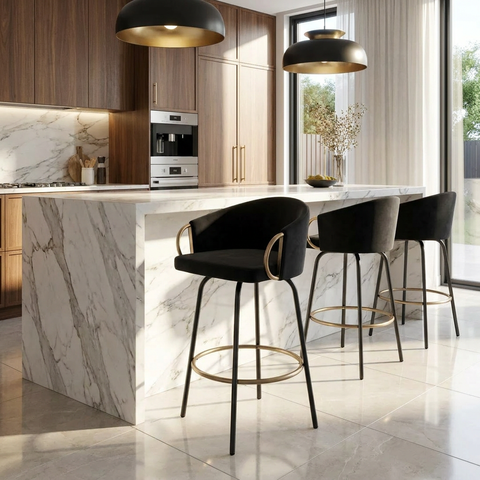 Modern kitchen with marble island and black bar stools