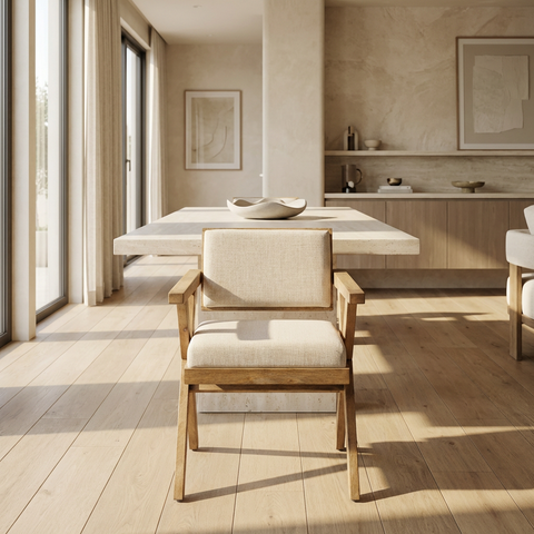 Modern dining room with wooden chairs and a neutral color palette.