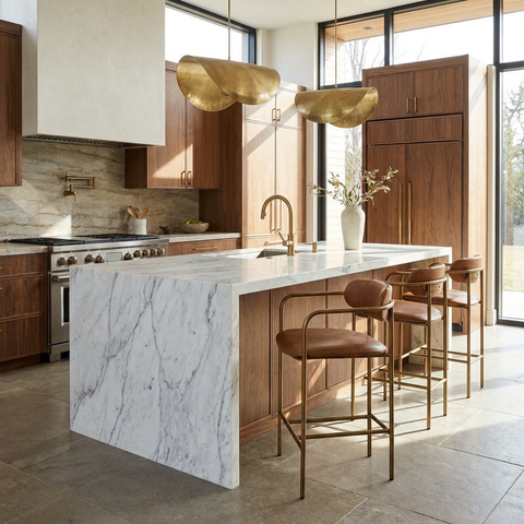 Modern kitchen with marble island, wooden cabinets, and gold accents.
