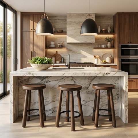 Modern kitchen with marble island and wooden stools