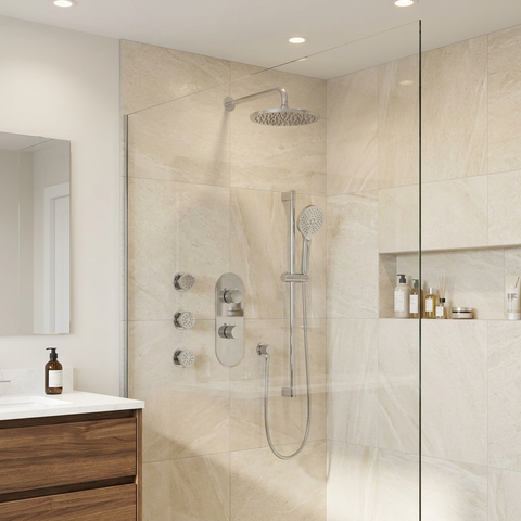 ShowerBox03 Polished Chrome 3-Way Shared Thermostatic Shower Kit with 3 Body Jets - Aquabrass