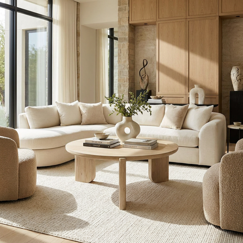 Modern living room with beige sofa, wooden coffee table, and decorative items.