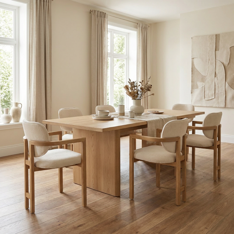 Dining room with wooden table and chairs in a bright room.