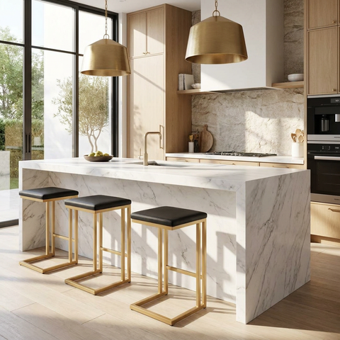 Modern kitchen with marble island, stools, and pendant lights.