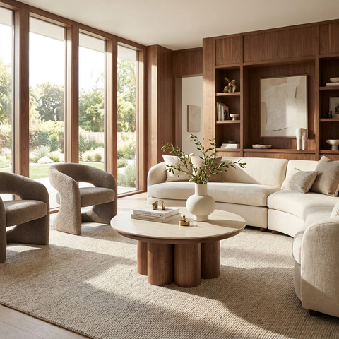Modern living room with beige sofa, armchairs, and a wooden coffee table.