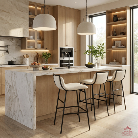 Modern kitchen with marble island, wooden cabinets, and white bar stools.
