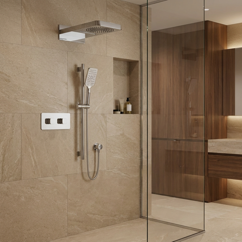 INABOX04 Polished Chrome 3-Way Shared Thermostatic Shower Kit with Dual-Function Aquasheet Rainhead - Aquabrass