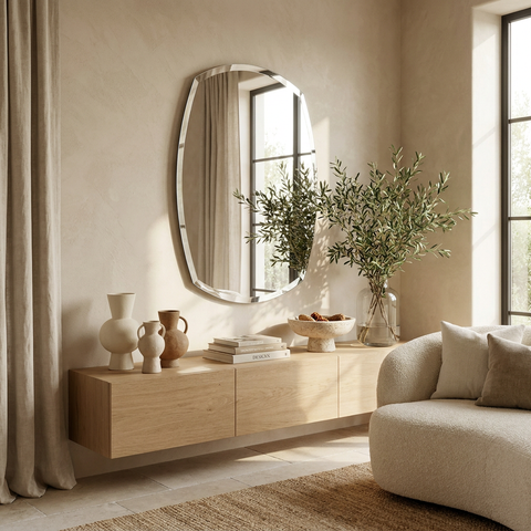 Modern living room with a wooden console table, round mirror, and decorative items.