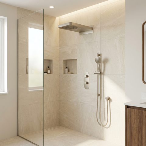 ShowerBox04 Brushed Nickel 3-Way Shared Thermostatic Shower Kit with Dual-Function Aquasheet Rainhead - Aquabrass