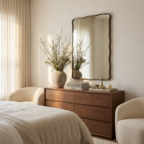 Wooden dresser with decorative items in a bedroom setting