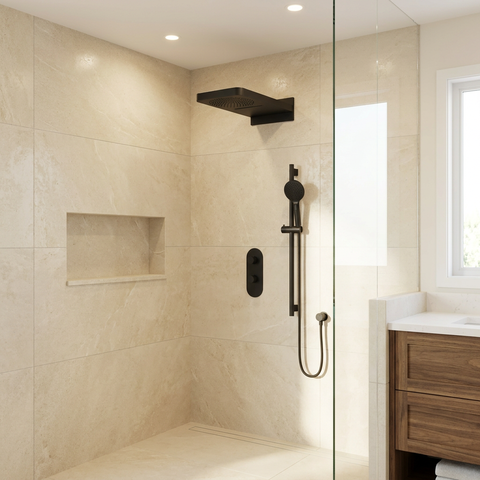 ShowerBox04 Electro Black 3-Way Shared Thermostatic Shower Kit with Dual-Function Aquasheet Rainhead - Aquabrass