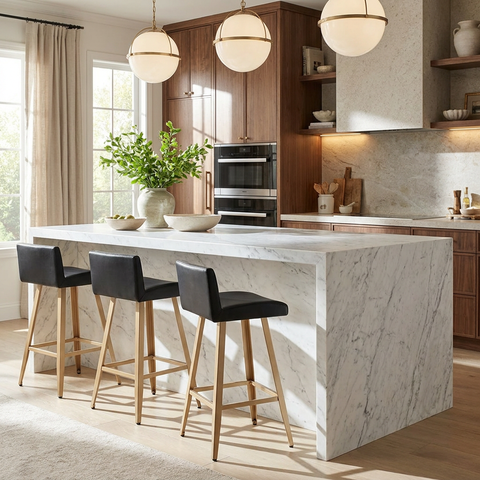 Modern kitchen with marble island and bar stools