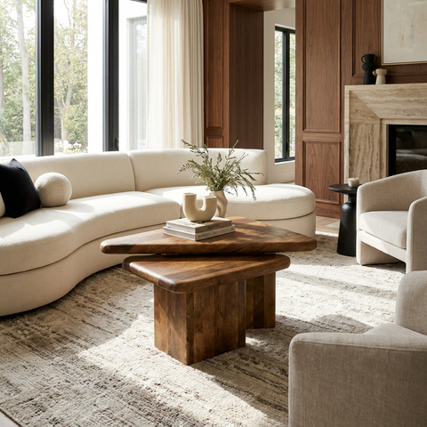 Modern living room with a wooden coffee table, white sofa, and fireplace.