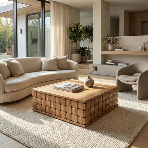 Modern living room with a beige sofa, wooden coffee table, and decorative elements.