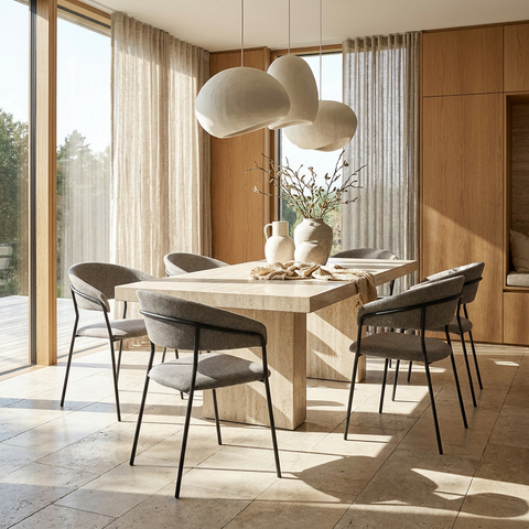 Modern dining room with a wooden table and gray chairs, large windows, and decorative elements.