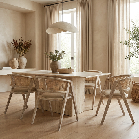 Dining room with wooden table and chairs, large windows, and decorative elements.