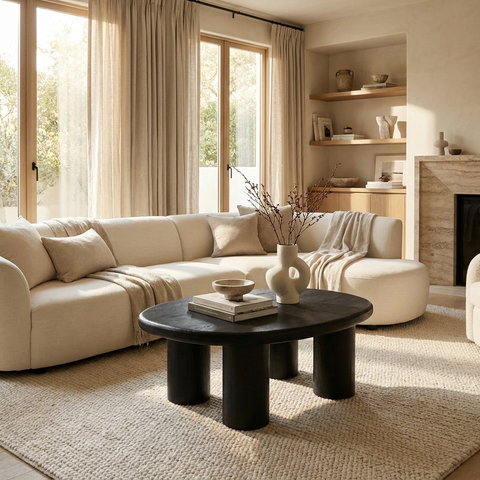 Modern living room with beige sectional sofa, black coffee table, and large windows.