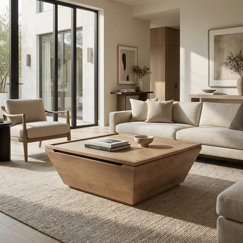 Modern living room with a wooden coffee table, beige sofa, and armchair.