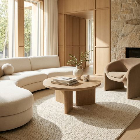 Modern living room with beige sofa, round wooden coffee table, and armchair.