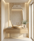 Modern bathroom with a sink, mirror, and decorative elements.