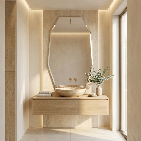 Modern bathroom with a sink, mirror, and decorative elements.