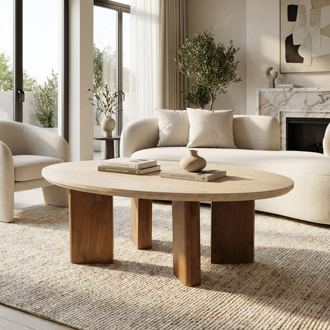 travertine top coffee table oval shape