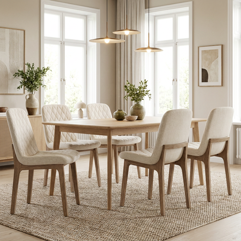 Dining room with wooden table and chairs in a bright room.