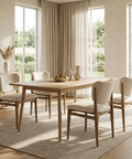 Dining room with wooden table and chairs in a bright room with large windows.