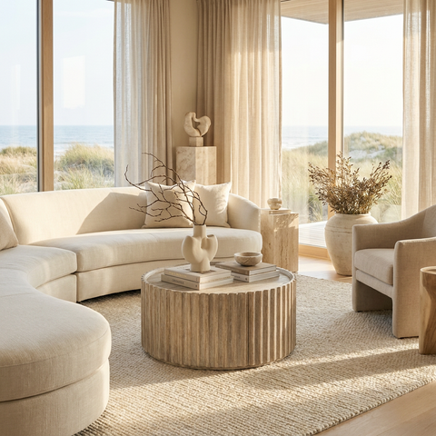 Modern living room with beige furniture and large windows