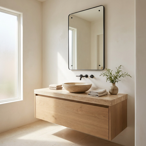 Bathroom vanity with wooden cabinet, sink, and mirror in a bright room.