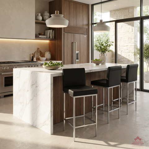 Modern kitchen with marble island and black bar stools