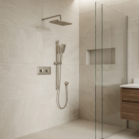 INABOX01 Brushed Nickel 2-Way Shared Thermostatic Shower Kit with 14" x 8" Rectangular Rainhead - Aquabrass