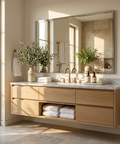 Bathroom vanity with wooden cabinets, marble countertop, and large mirror.