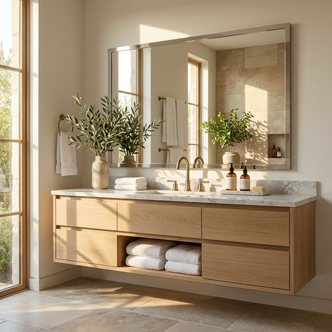 Bathroom vanity with wooden cabinets, marble countertop, and large mirror.