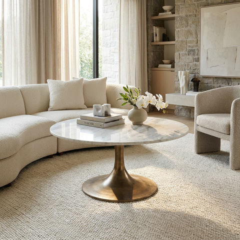 Modern living room with a marble coffee table, beige sofa, and armchair.