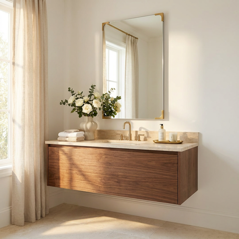 Bathroom vanity with wooden cabinet, mirror, and decorative elements.