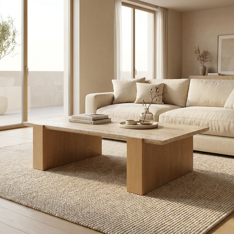 Modern living room with a beige sofa and wooden coffee table.