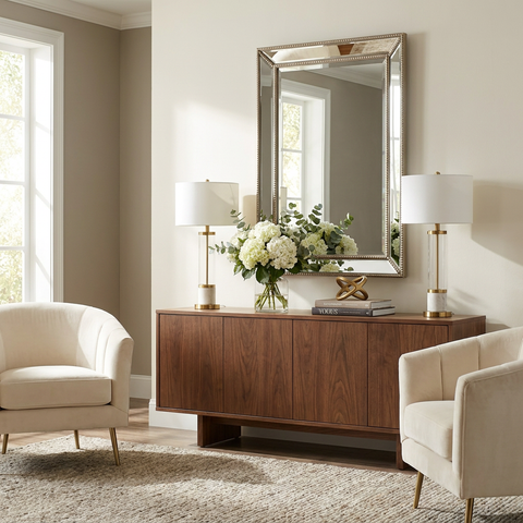 Living room with a wooden console table, mirror, and decorative items.