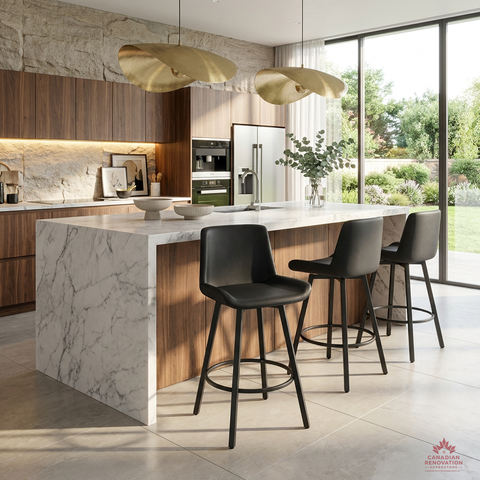 Modern kitchen with marble island and black bar stools