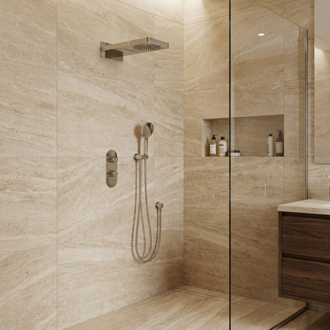 ShowerBox04 Polished Nickel 3-Way Non-Shared Thermostatic Shower Kit with Dual-Function Aquasheet Rainhead - Aquabrass