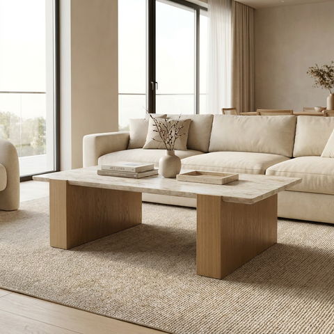 Modern living room with beige sofa and wooden coffee table.