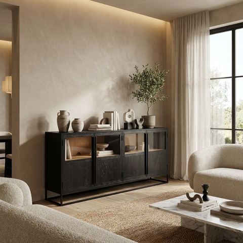 Modern living room with a black sideboard, beige sofa, and decorative items.
