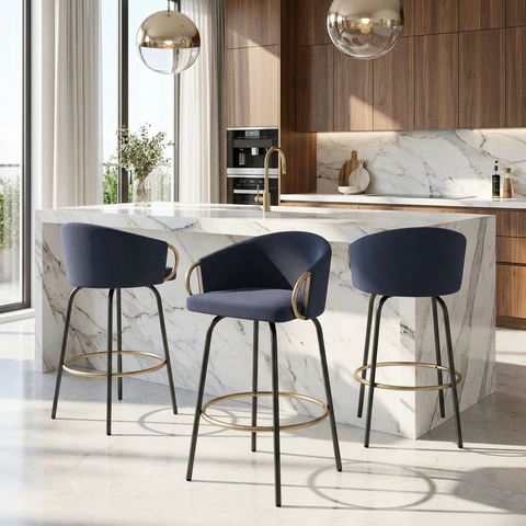 Modern kitchen with marble island and blue bar stools