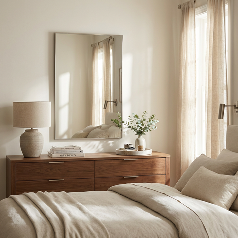 Neatly arranged bedroom with wooden dresser, mirror, and bed.