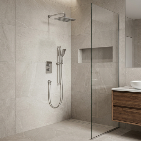 INABOX01 Polished Chrome 2-Way Shared Thermostatic Shower Kit with 14" x 8" Rectangular Rainhead - Aquabrass