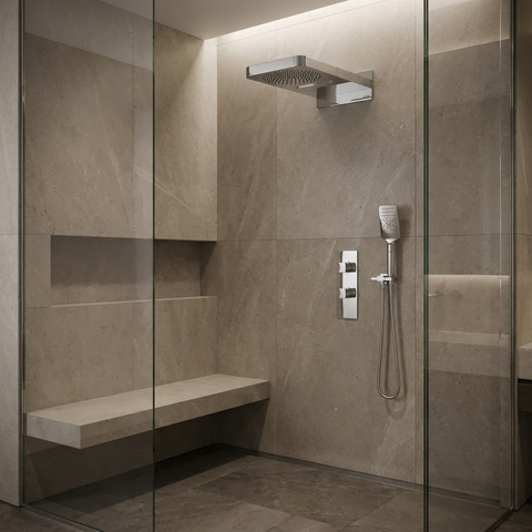 MiamiBox04 Polished Chrome 3-Way Shared Thermostatic Shower Kit with Dual-Function Aquasheet Rainhead - Aquabrass